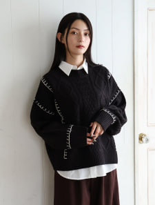 配色ステッチケーブルニット