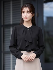 裏地起毛パールボウタイブラウス