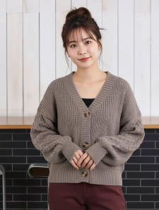 袖ポコポコVネックニットカーディガン