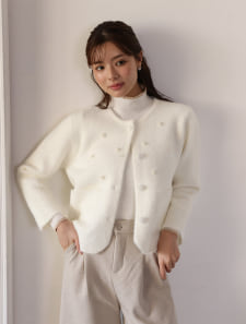 パール付きノーカラーニットジャケット