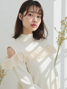 肩あきフラワーフリルニット