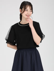 パール付きパフスリーブTブラウス
