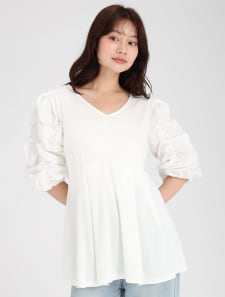 【接触冷感】前後2way袖ギャザーペプラムカットソー