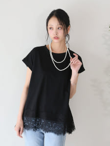 裾レースフレンチスリーブTシャツ