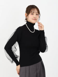チュール重ねタートルニットトップス