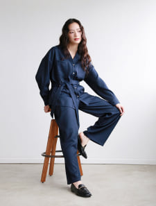 【先行特別価格】【2点セット】ライトツイードベルト付シャツ×タックワイドパンツ