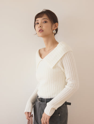 ビッグカラーニットトップス