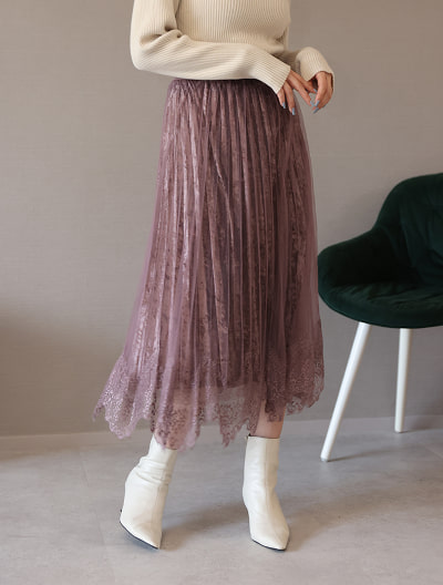 ベロアプリーツ×チュールレースレイヤードスカート