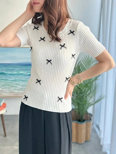 リボン付リブニット