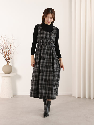 【3点セット】ベルト/ニット付チェックワンピース