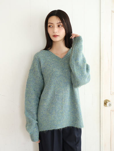 アルパカタッチVネックミックスニット