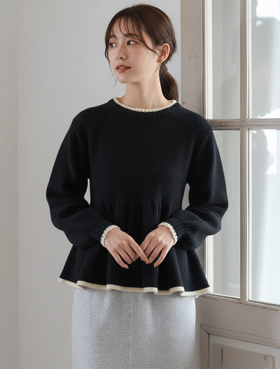 アルパカタッチ配色ペプラムニット