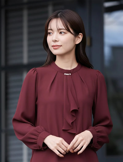 裏地起毛パールボウタイブラウス