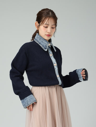 デニムシャツレイヤード風ニットカーディガン