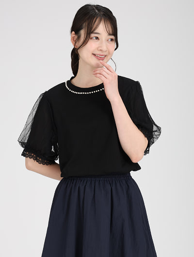 パール付きパフスリーブTブラウス