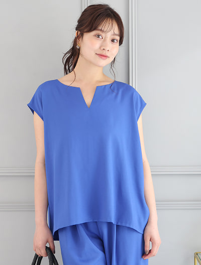 【SETUP対応】キーネックフレンチスリーブブラウス