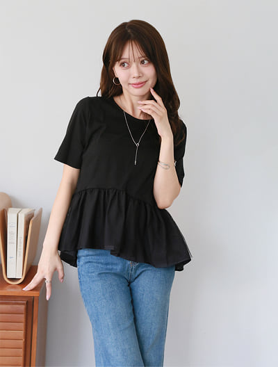 異素材ドッキングペプラムデザインTシャツ