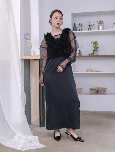 【3点SET】シアートップス×キャミワンピース×チュールビスチェ