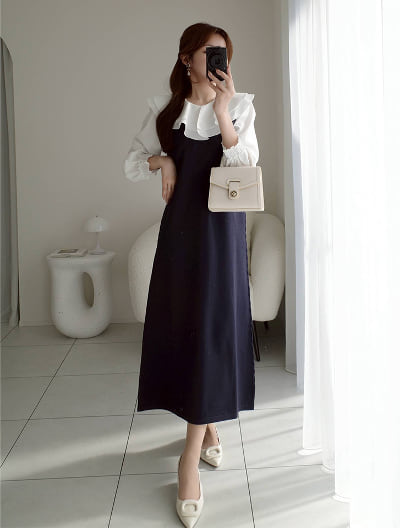 衿元フリル異素材ドッキングワンピース			