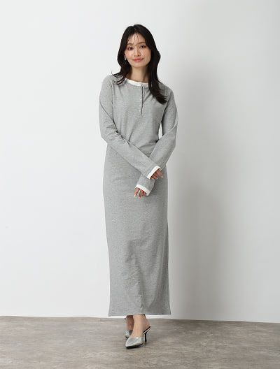 レイヤード見えヘンリーネック配色ワンピース