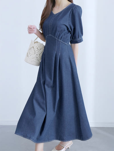 【MARIAセレクト】 ウエスト切替Vネックデニムワンピース
