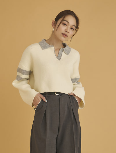 ライン入り衿付きスキッパーニット