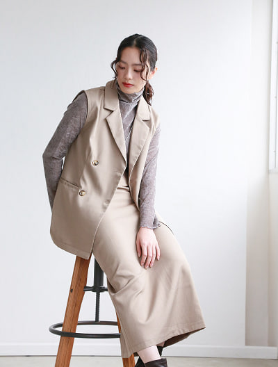 【先行特別価格】【2点セット】ダブルボタンジレ×バックゴムIラインスカート