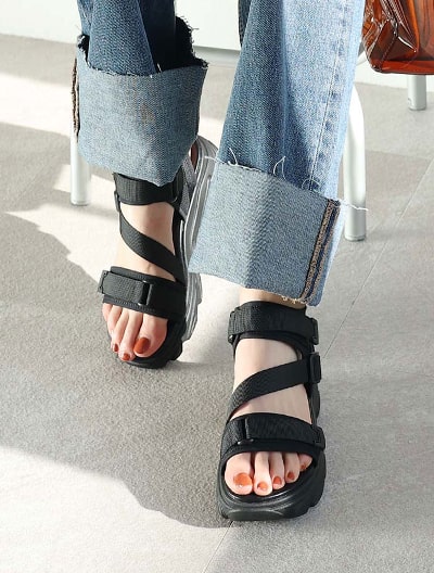 低反発クッション厚底アシメベルクロダッドスポーツサンダル