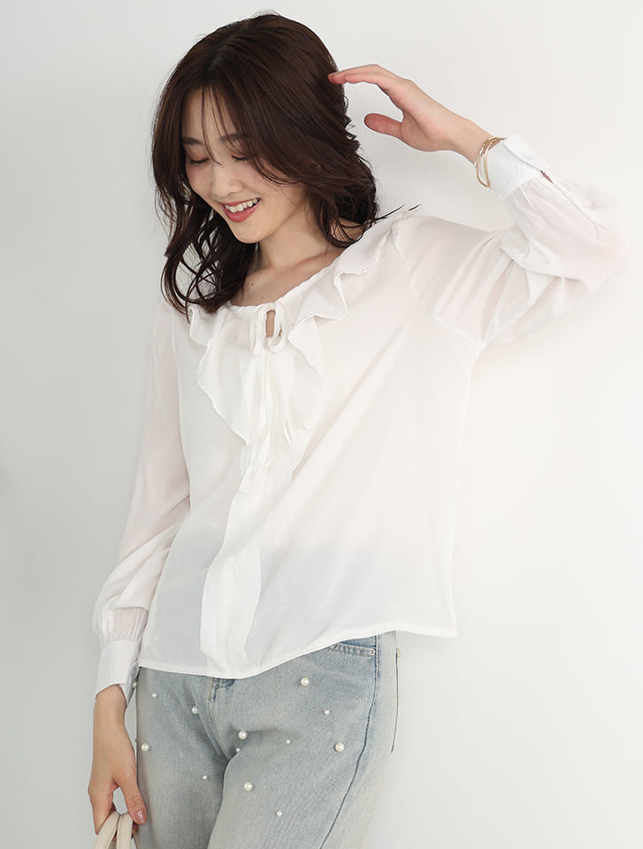 our 新作 フリルカラーブラウス ベージュ fifth レーヨンフリルカラーブラウス | 人気レディース