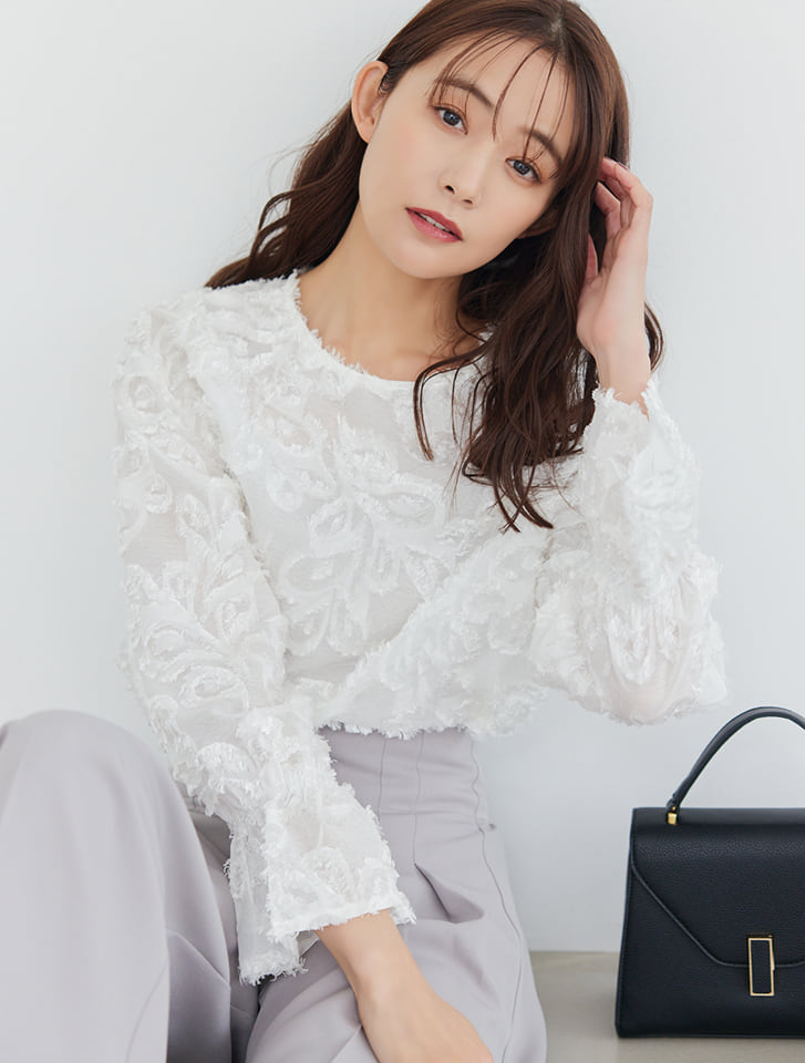 ホワイト フリル袖 シャツとスカート Lace Ladies ブラウス シャツ 長袖立ち襟フリル無地ブラウス