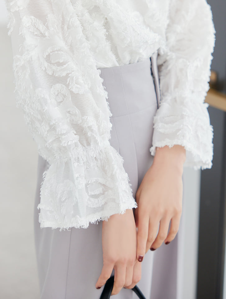 ホワイト フリル袖 シャツとスカート Lace Ladies ブラウス シャツ 長袖立ち襟フリル無地ブラウス