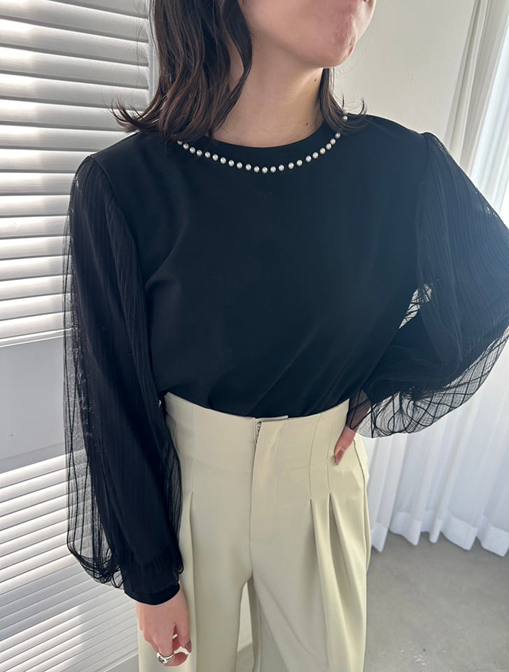 fifth パールデザイン袖チュールカットソー | 人気レディース  