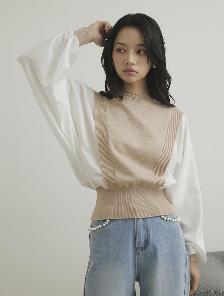 【あいちゃん様】DOUDOU 長袖 ニット ブラウス ドッキング ブラック ブラウス 長袖 ニットドッキングシャツ レディース 春 秋