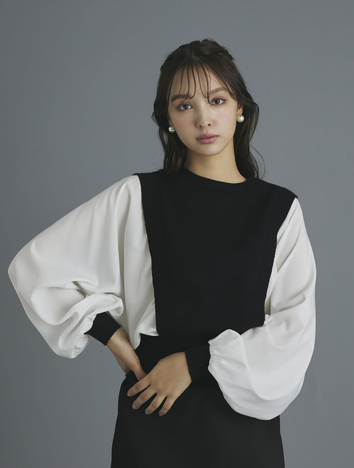 【あいちゃん様】DOUDOU 長袖 ニット ブラウス ドッキング ブラック ブラウス 長袖 ニットドッキングシャツ レディース 春 秋
