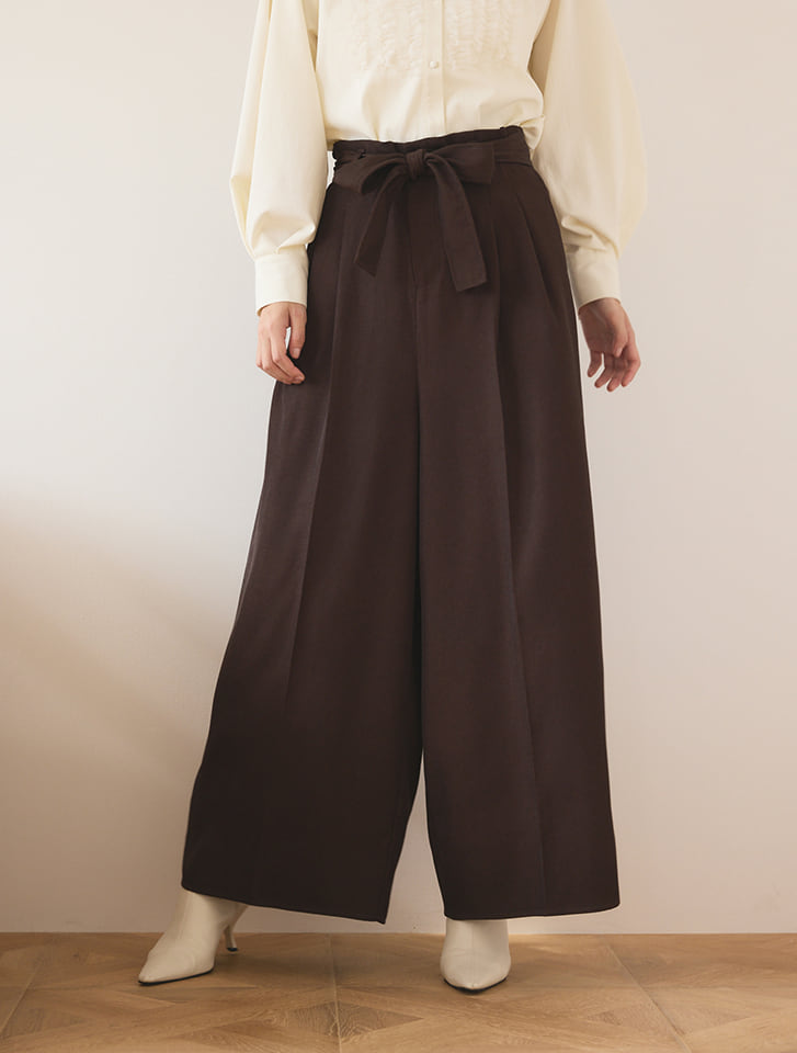 リボンベルト付ハイウエストワイドパンツ