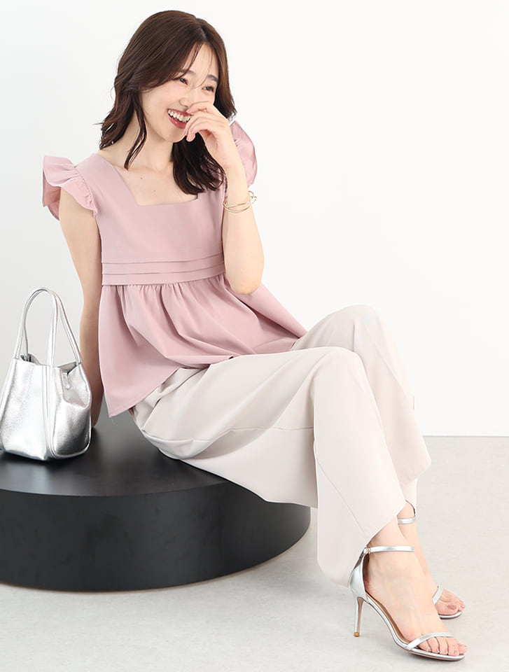 【CINOH】ドレープショートスリーブブラウス バンドカラー ピンク 美品 CINOH - 【CINOH】ドレープショートスリーブブラウス バンドカラー