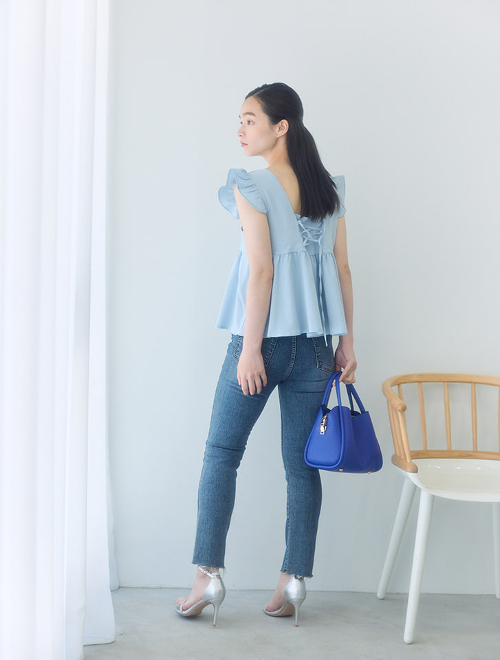 希少CFCL POTTERY スクエアネックフレアノースリーブ ブルー fifth フレアショルダーノースリーブブラウス | 人気レディース