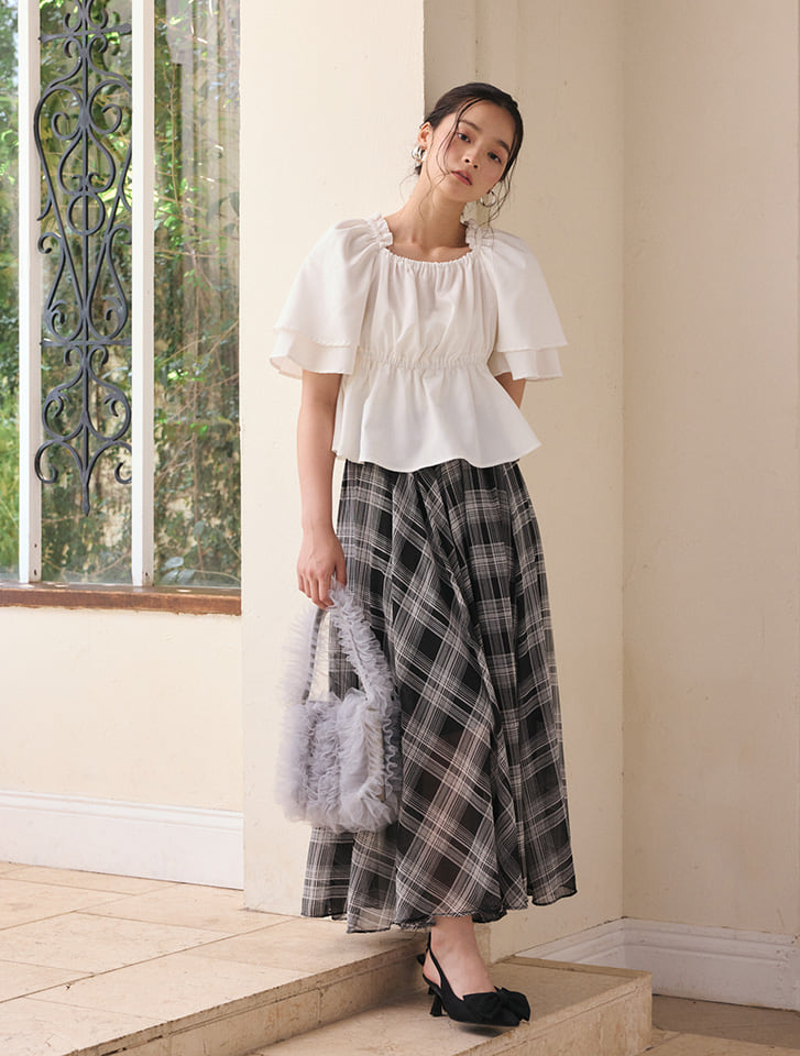 Simple Retro キュート シフォン チェック ロングスカート Simple Retro キュート シフォン チェック ロングスカート