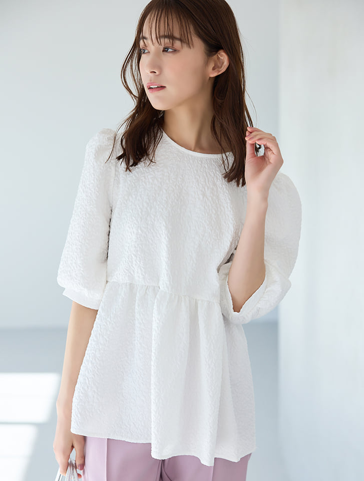半額 50％OFFの通販 fifth 人気 | ふくれジャガードギャザー五分袖ブラウス シャツ/ブラウス(半袖/袖なし)