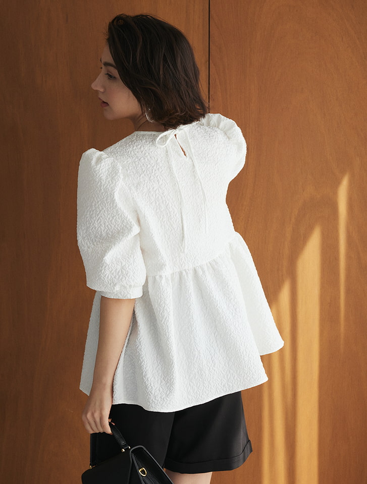 fifth ふくれジャガードギャザー五分袖ブラウス | 人気レディース