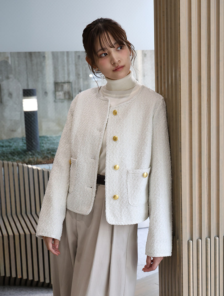 最終価格★45R★薄くて軽いノーカラーツイードコート 45Rギャバ×シェットランドツイードの908リバーシブルコート