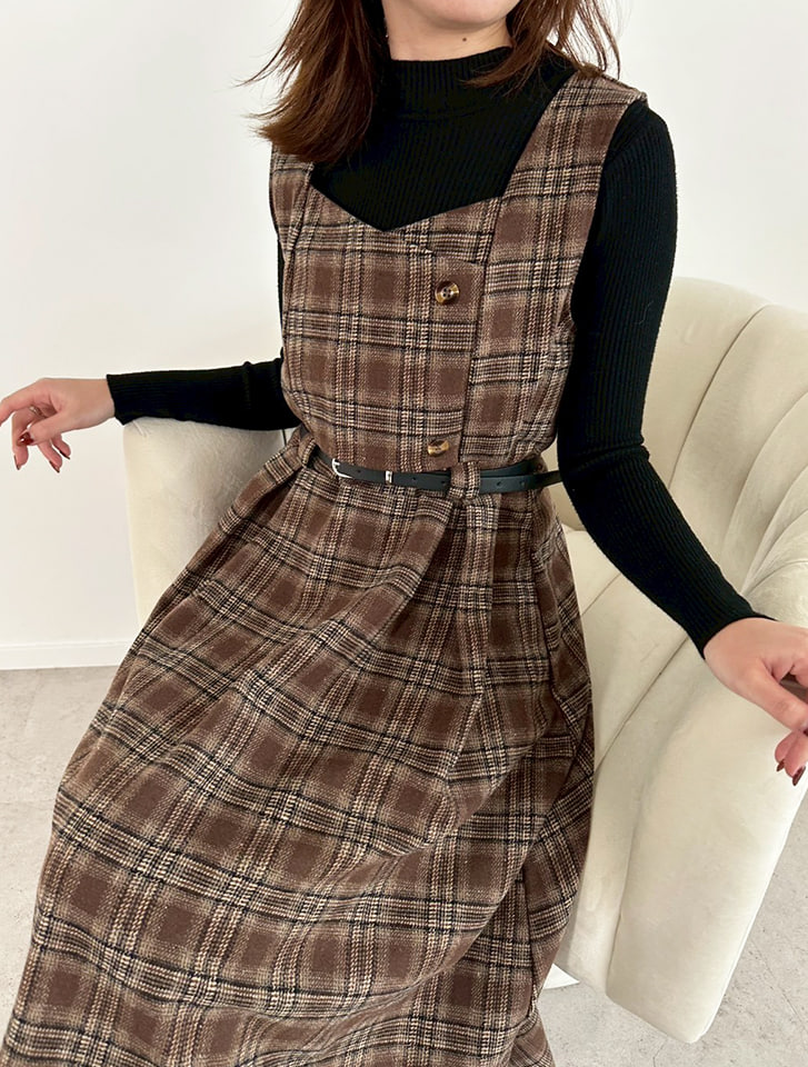 【3点セット】ベルト/ニット付チェックワンピース