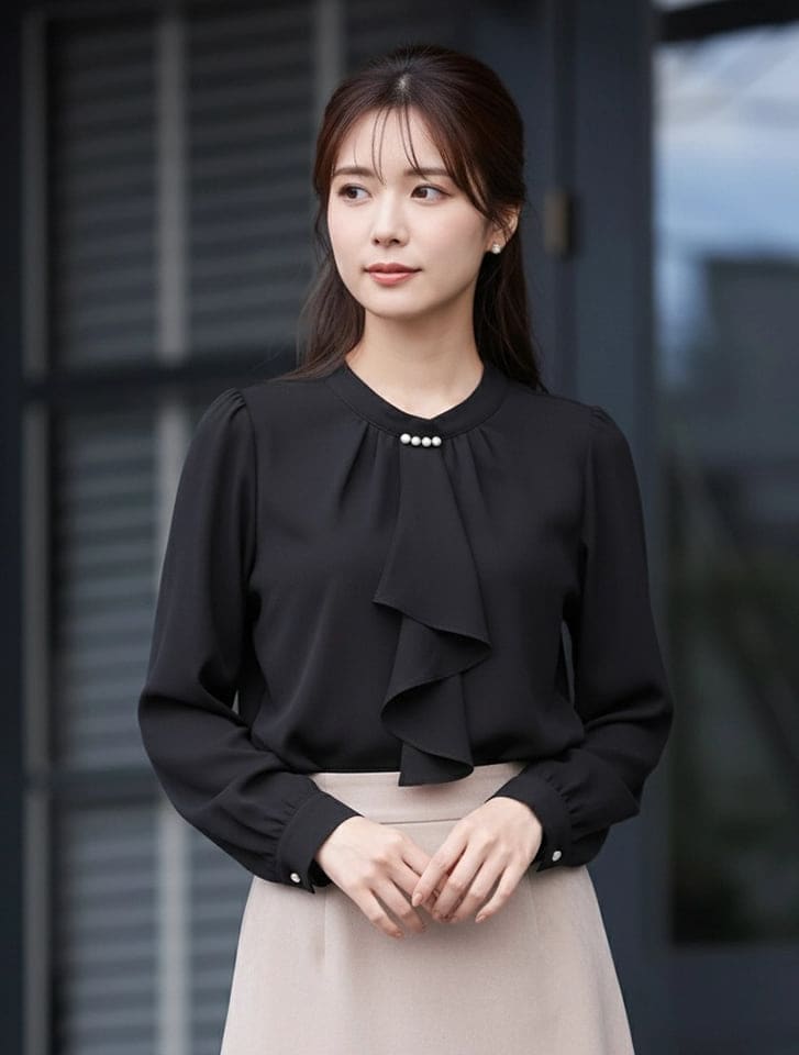 裏地起毛パールボウタイブラウス