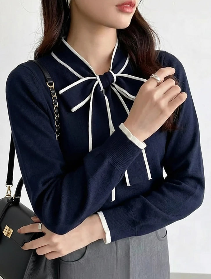 配色ボウタイニットトップス