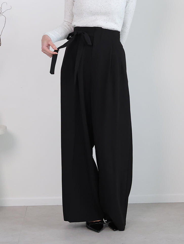 【高身長向け】ウエストリボン付きセンタープレスワイドパンツ