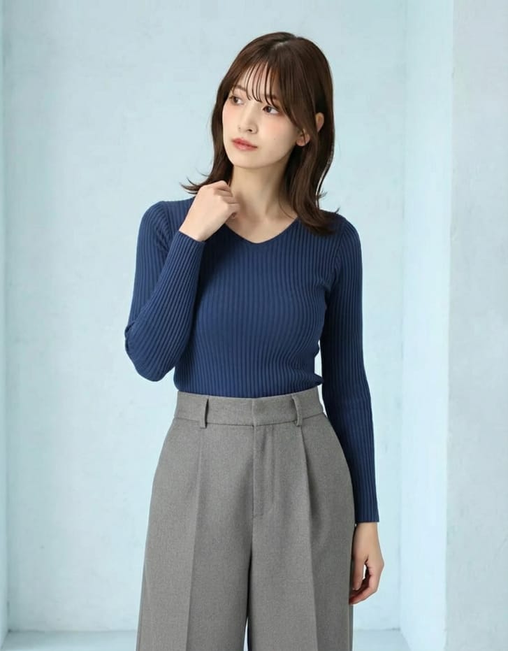 Vネックリブニット