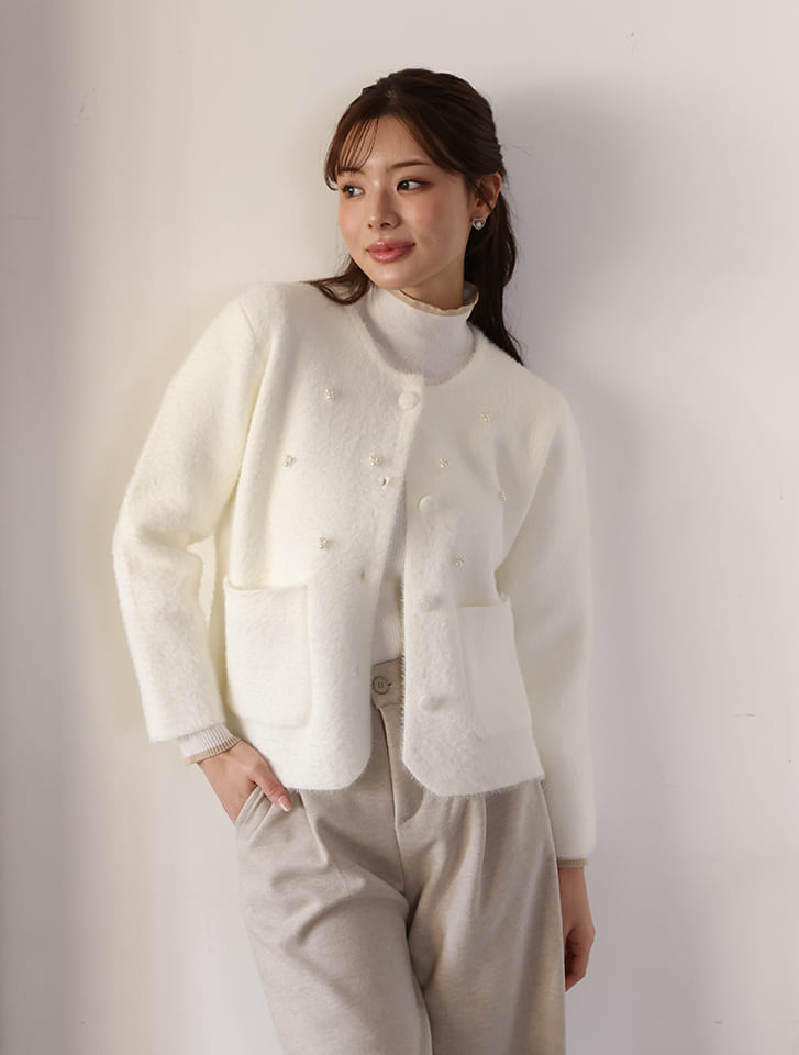 fifth パール付きノーカラーニットジャケット | 人気レディース