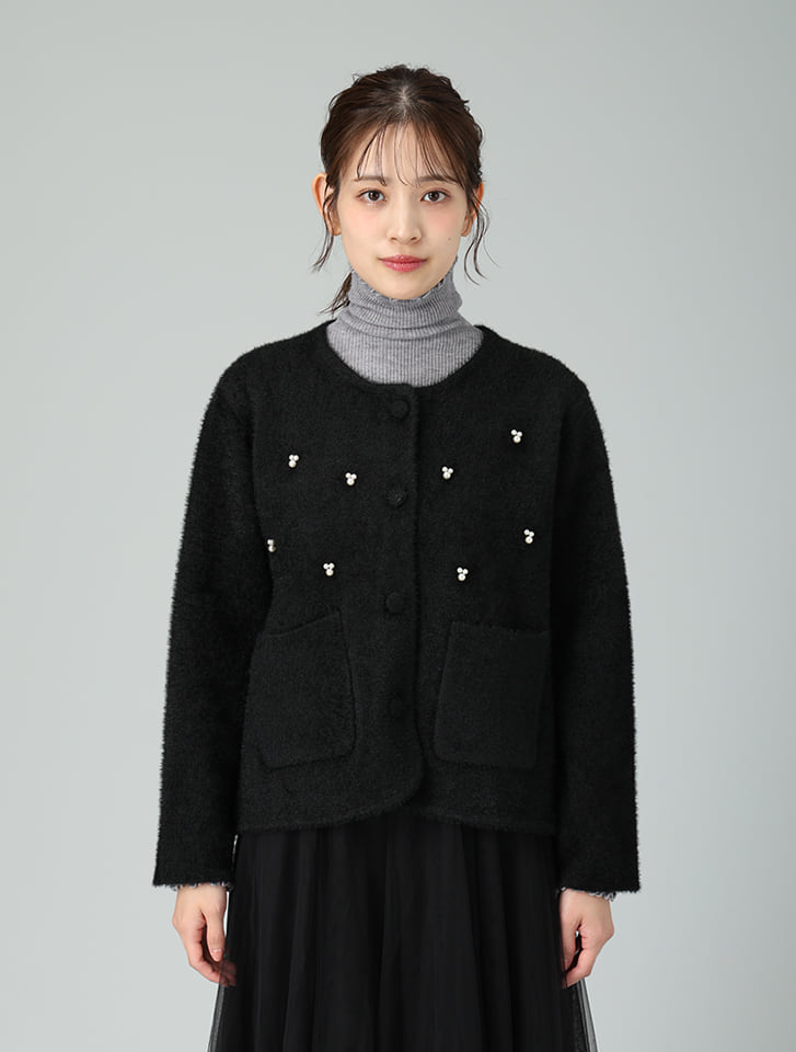 fifth パール付きノーカラーニットジャケット | 人気レディース