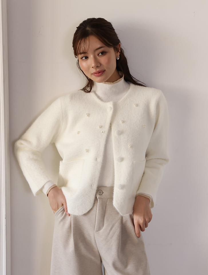 パール付きノーカラーニットジャケット