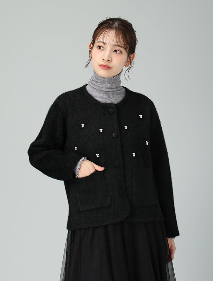 パール付きノーカラーニットジャケット